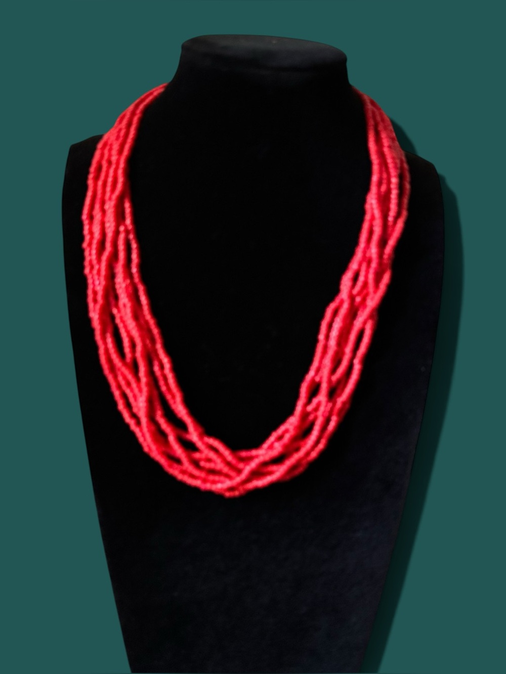 Vintage Signed Trifari TM Multi Strand Red Seed Bead Layered Collar Necklace